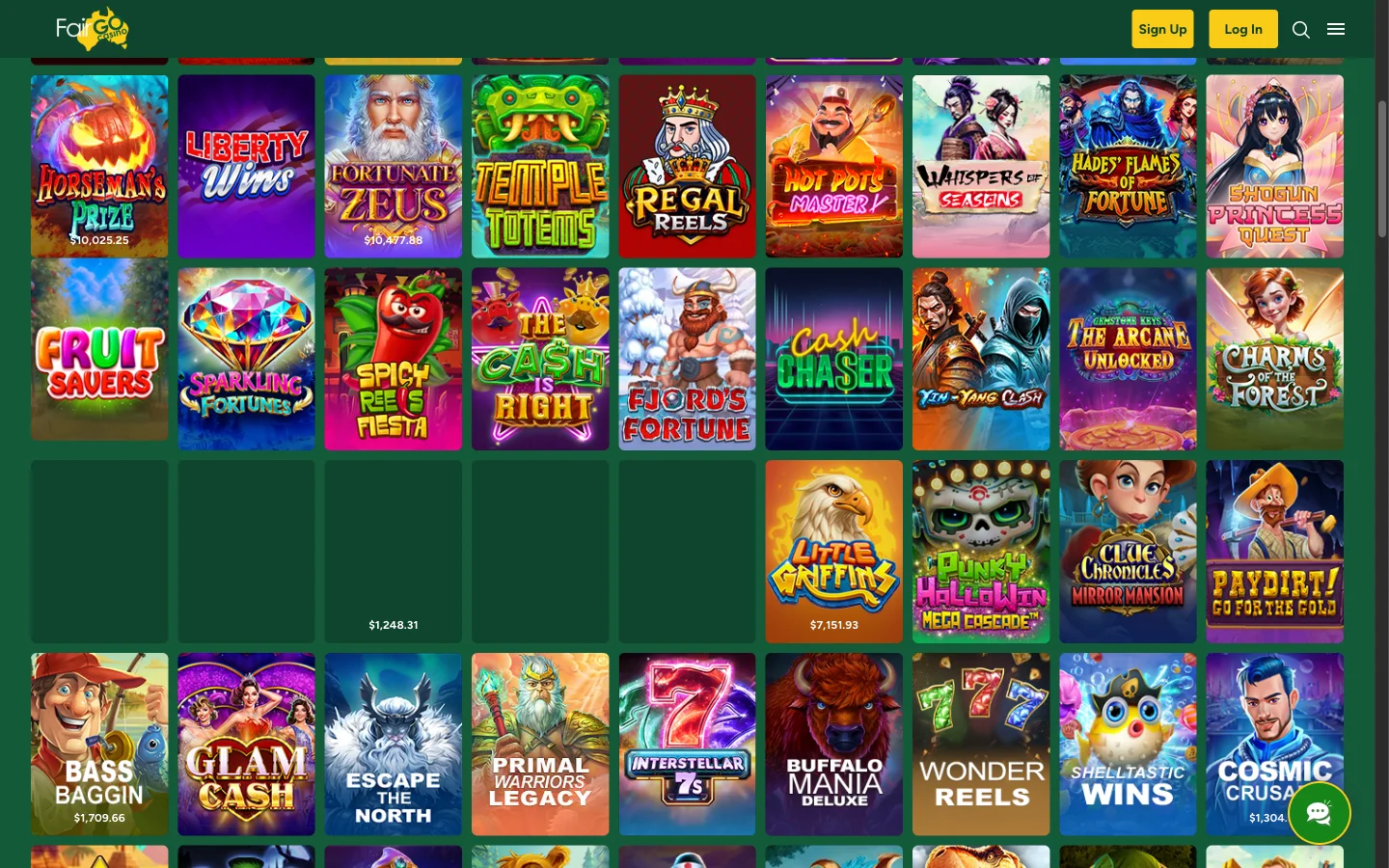 Fair Go pokies lobby in Australia showing category tabs above loaded pokie tiles
